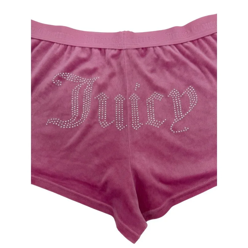 Juicy Couture Rhinestone Logo Pink Velour Lounge Shorts XL Y2K Revive - Picture 2 of 13